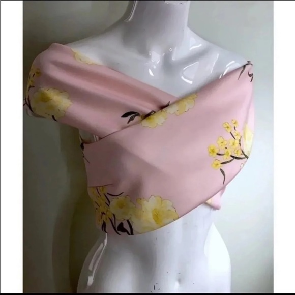 Miss Selfridge Tops - Miss Selfridge Pastel Pink Yellow Floral Scuba Crossover Bardot Top